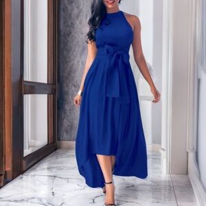 Hi Lo High Neck Belted Maxi Dress Royal Blue